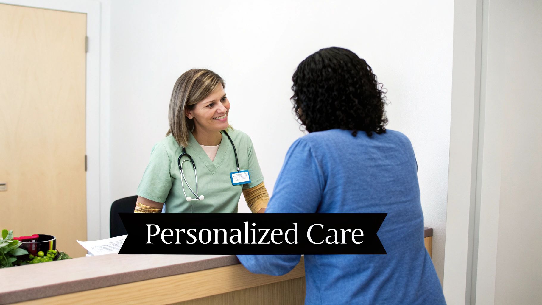 A friendly healthcare professional in scrubs smiles while assisting a patient at a reception desk.
