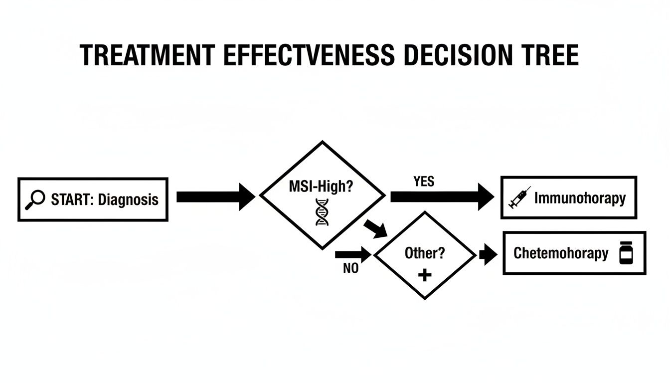 Flowchart detailing cancer treatment decisions based on diagnosis and MSI status.