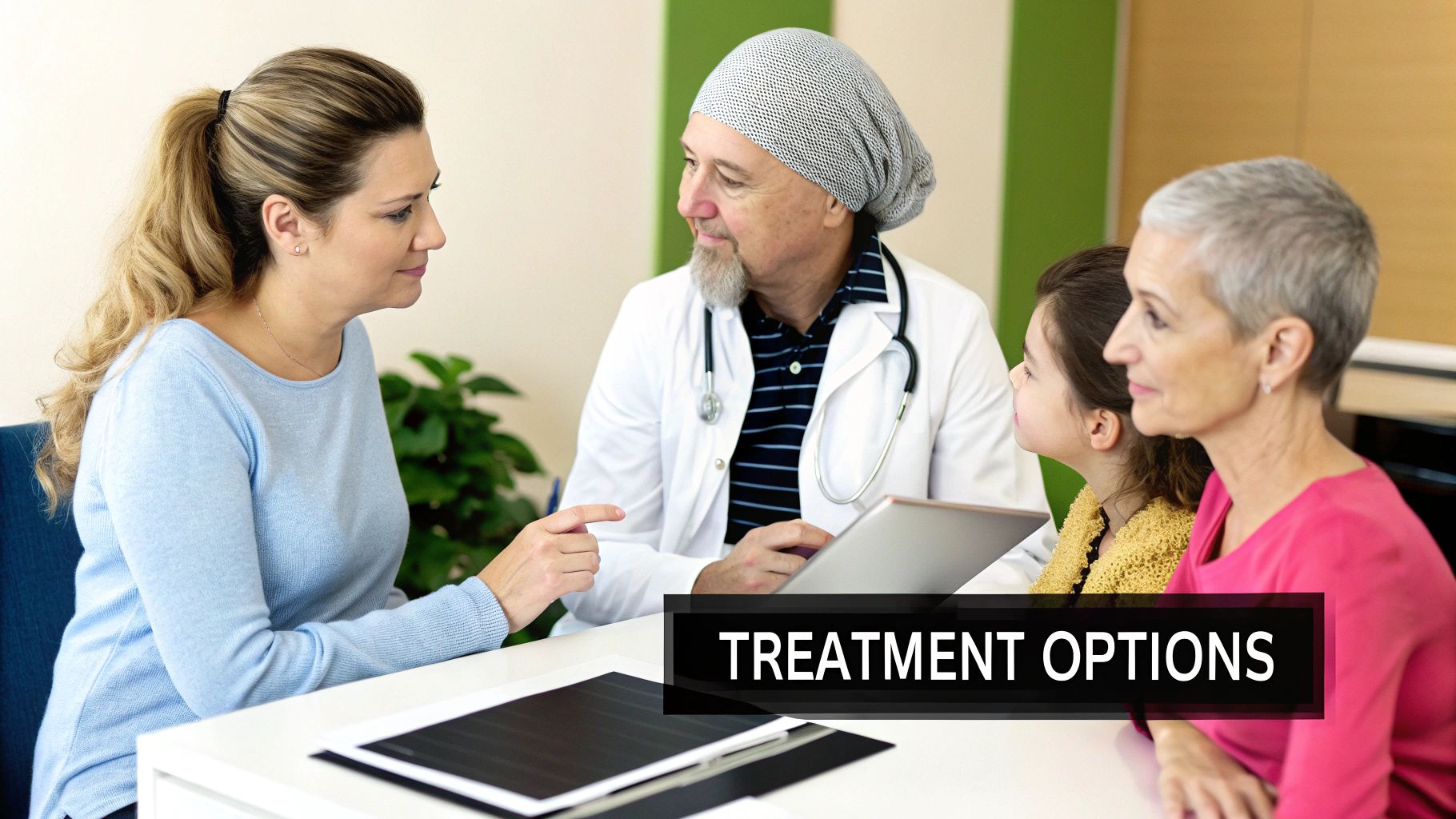 A doctor in a white coat discusses treatment options with a woman, a child, and an older woman.