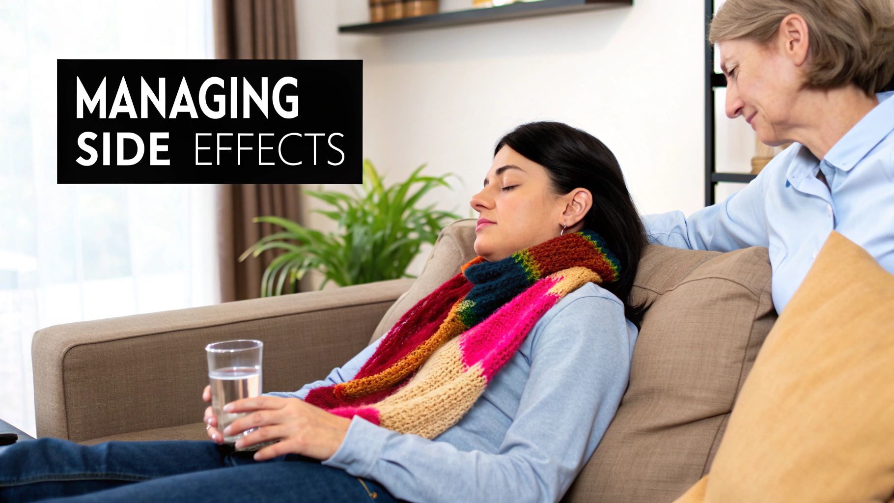 A younger woman rests on a couch, comforted by an older woman. Text reads: MANAGING SIDE EFFECTS.