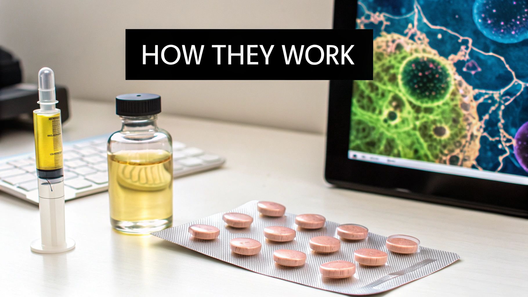 Medical supplies including syringe, liquid medicine, and pills, with a screen showing cells, illustrating how they work.