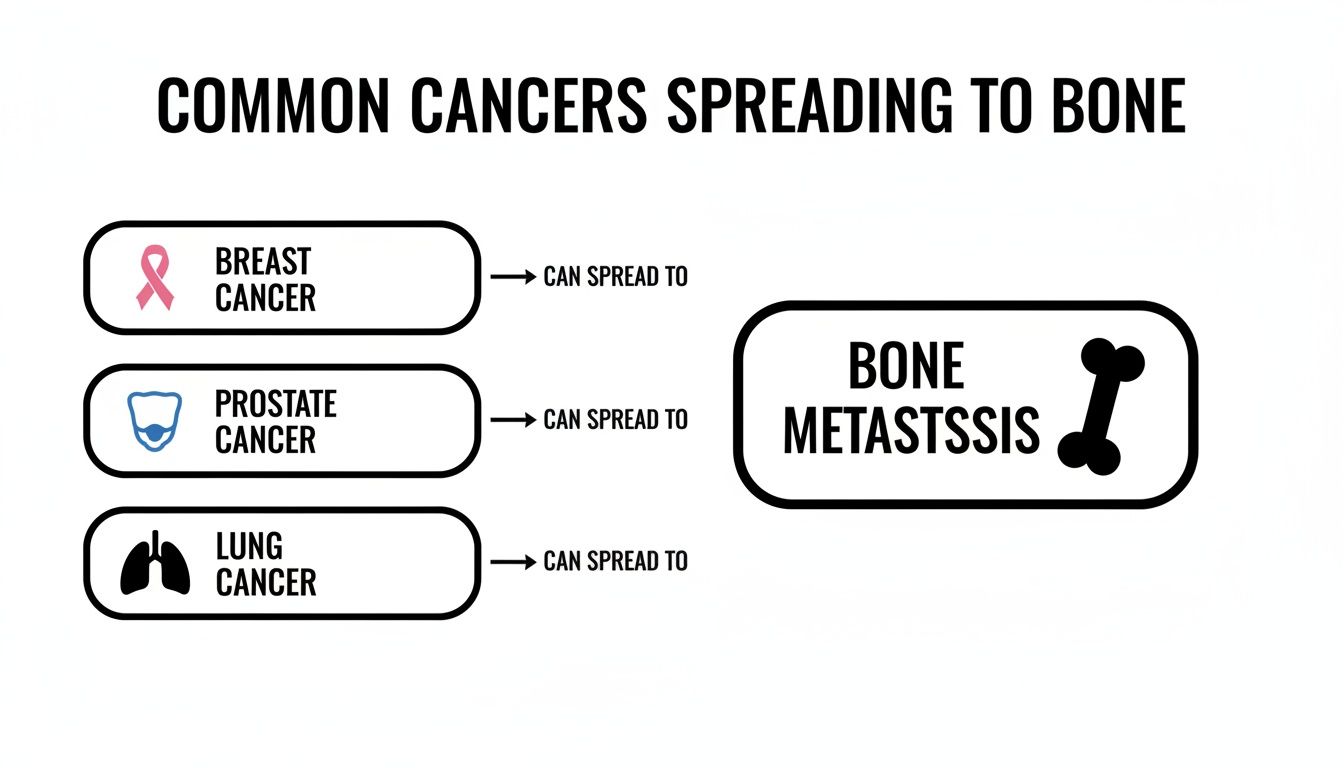 Diagram showing breast, prostate, and lung cancers can spread to bone, causing bone metastasis.