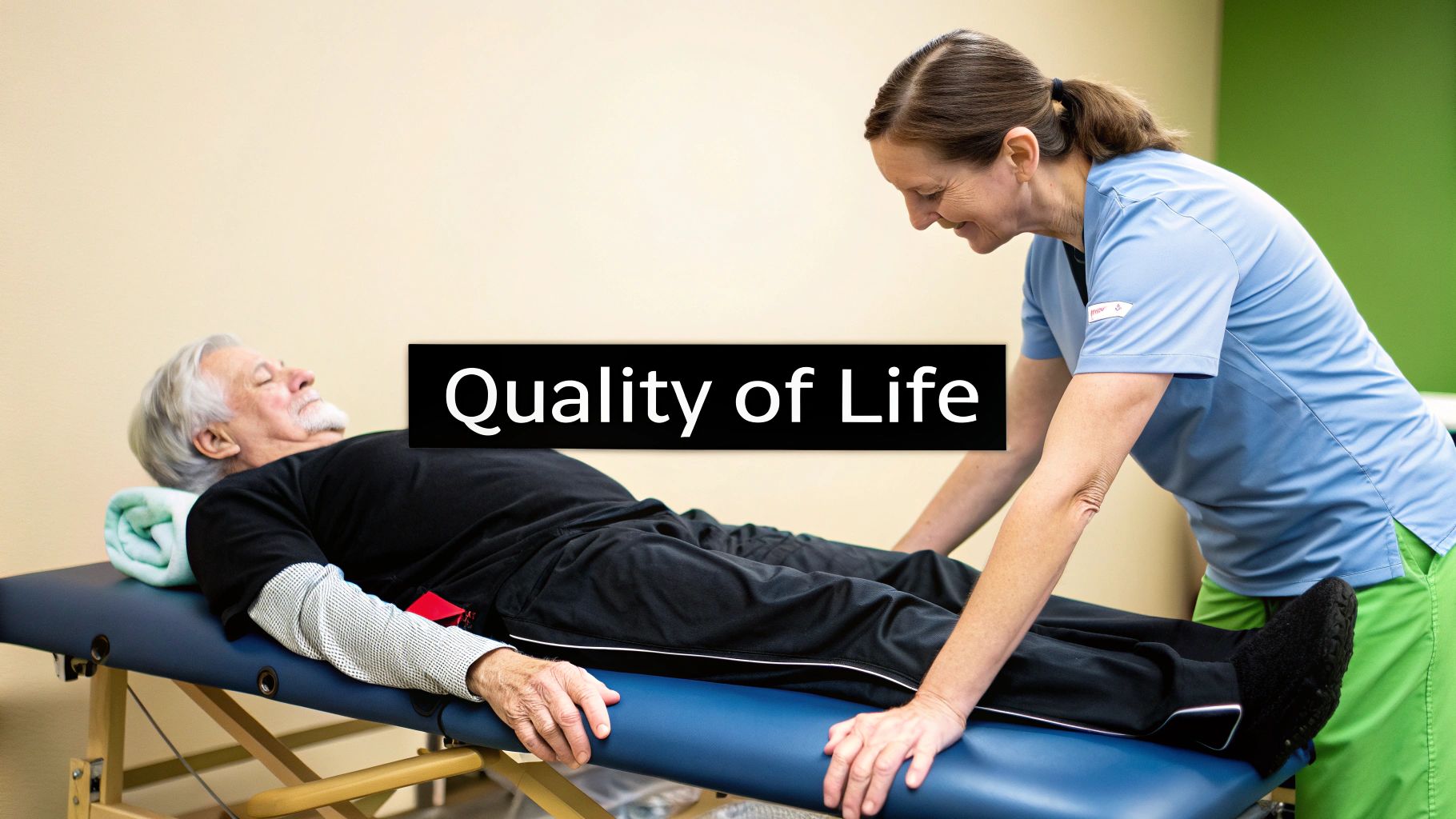 A female physical therapist gently works with an elderly male patient on an exam table.