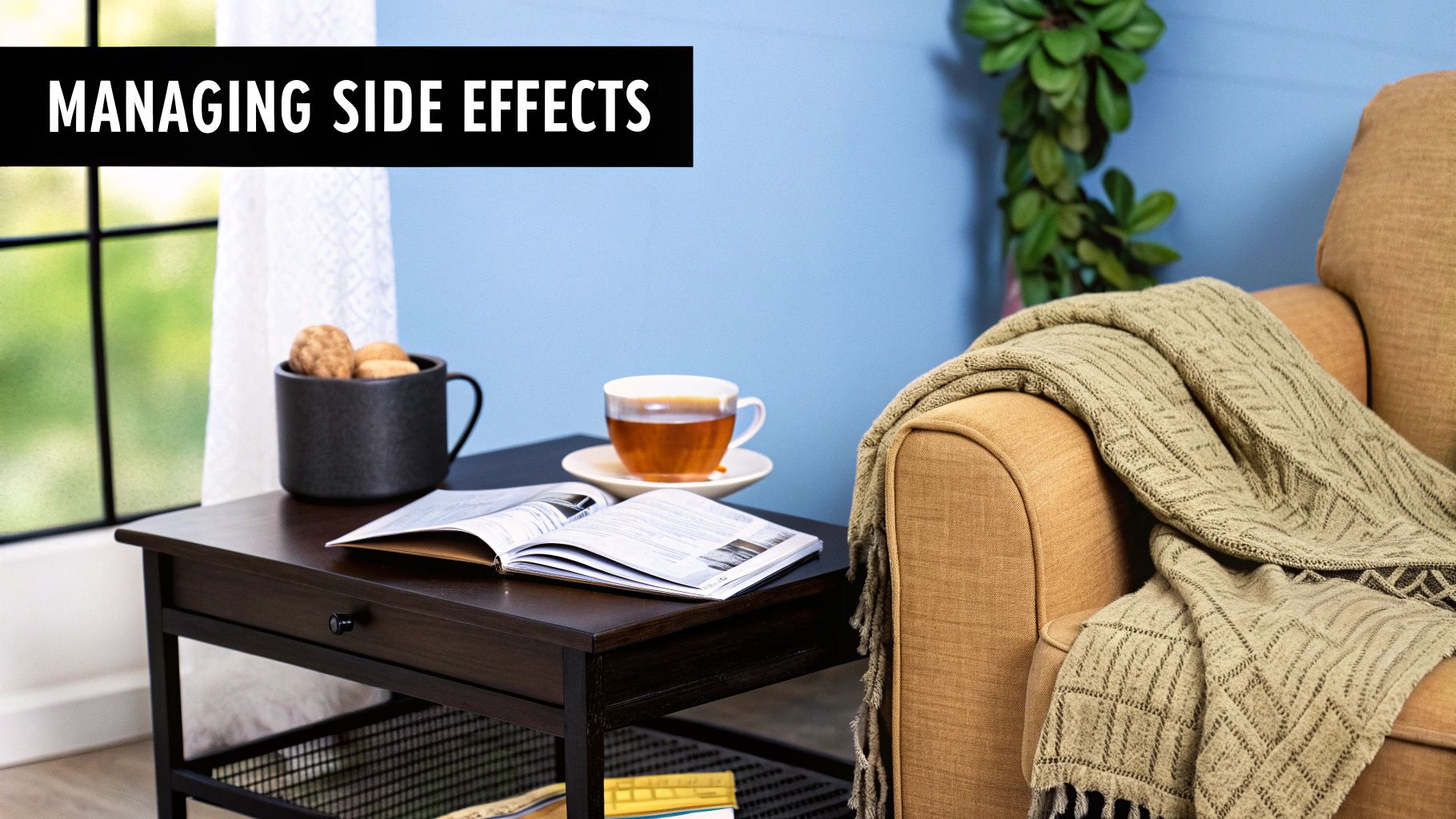 Cozy living room scene with tea, cookies, a book, and a blanket on an armchair.