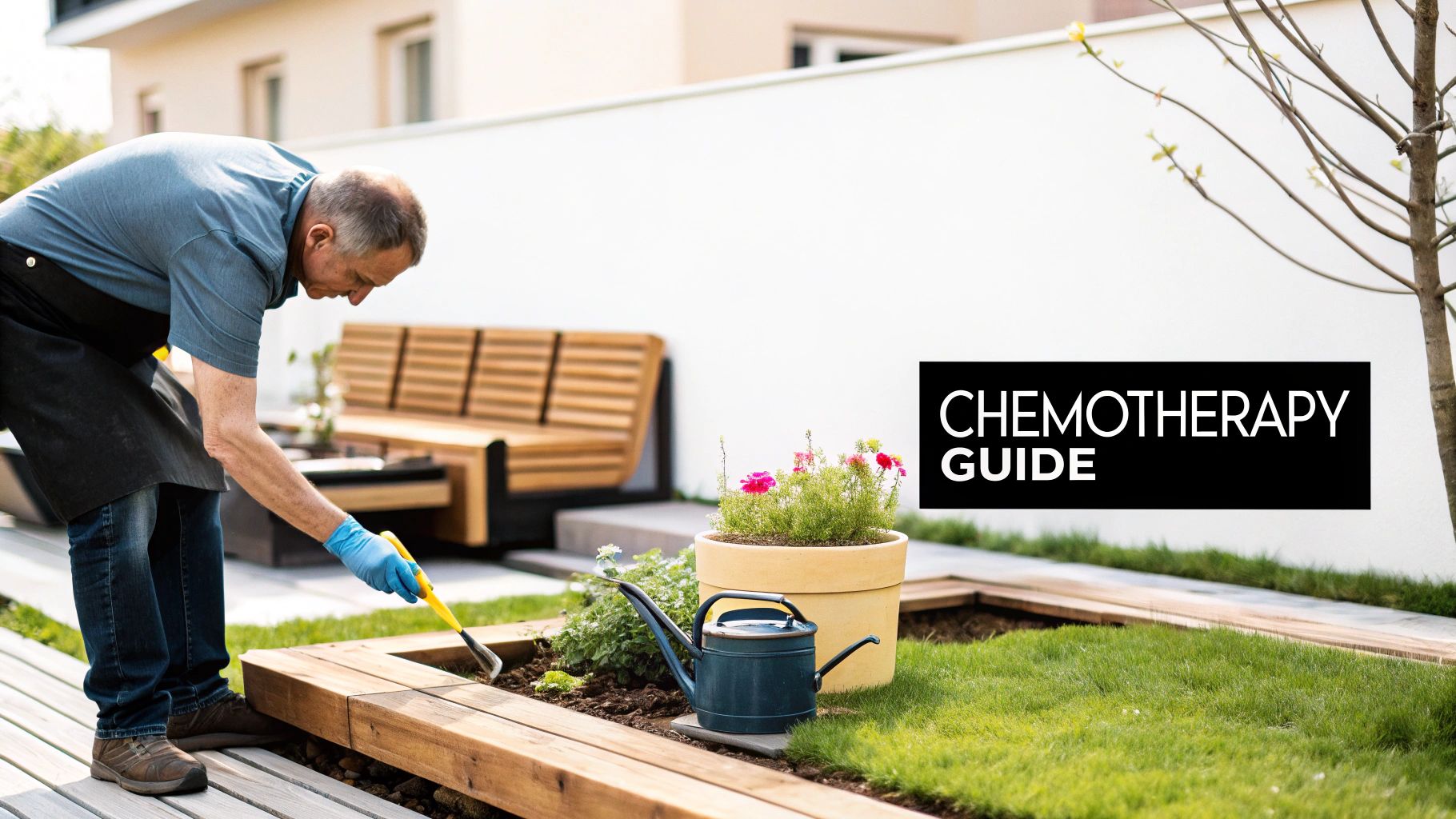 A man gardening in a raised bed with gloves, a watering can, and a 'Chemotherapy Guide' text overlay.