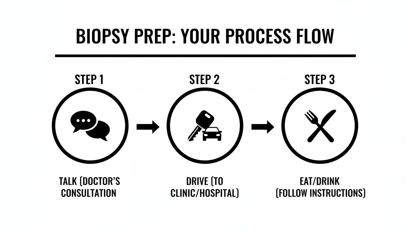 Flowchart illustrating three steps for biopsy preparation: doctor's consultation, driving to clinic, and eating/drinking instructions.