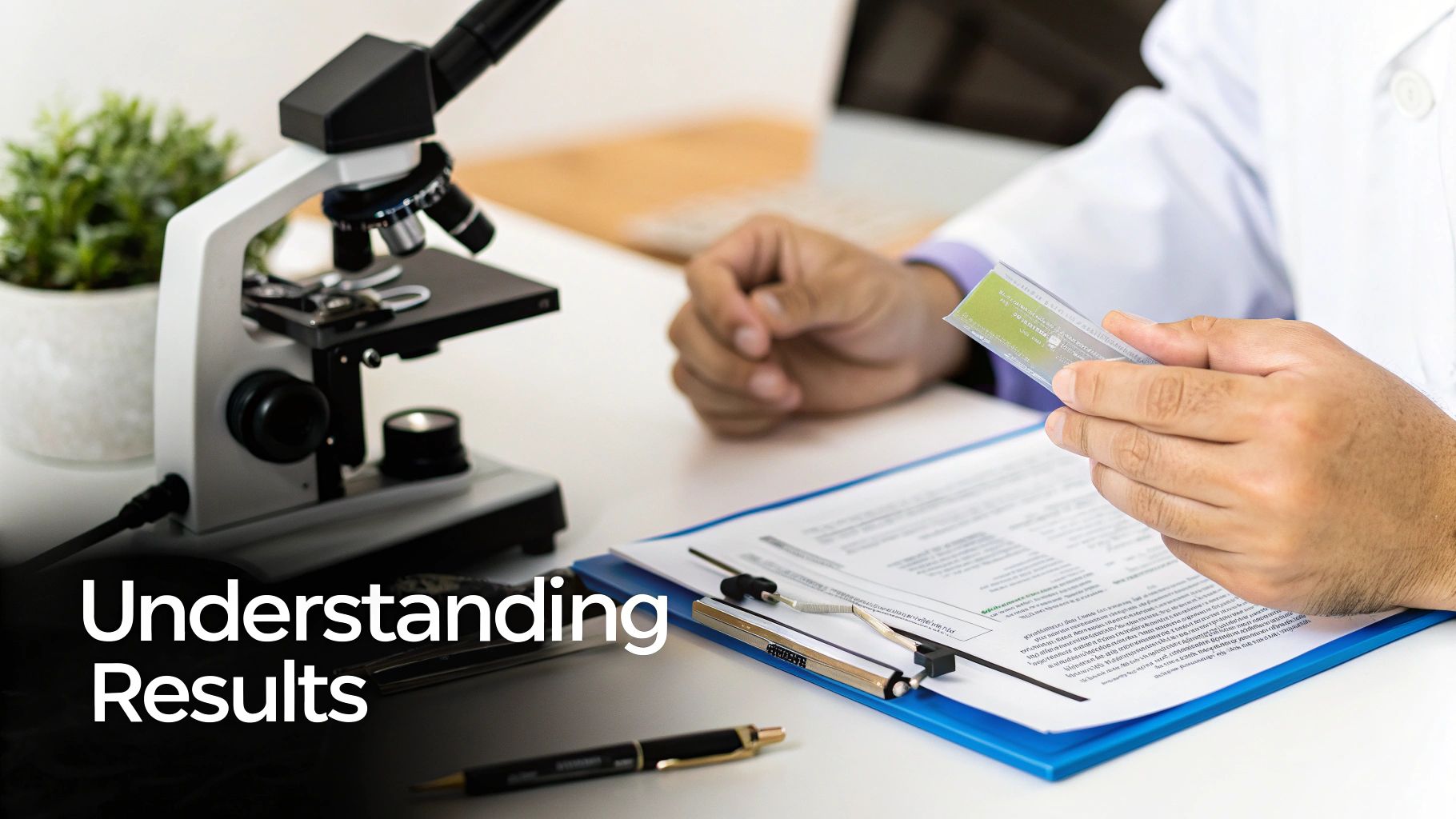 A person in a lab coat examining a test strip with a microscope on the desk.