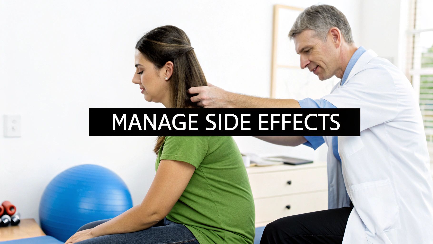 A doctor helps a female patient with neck pain, illustrating the management of side effects.