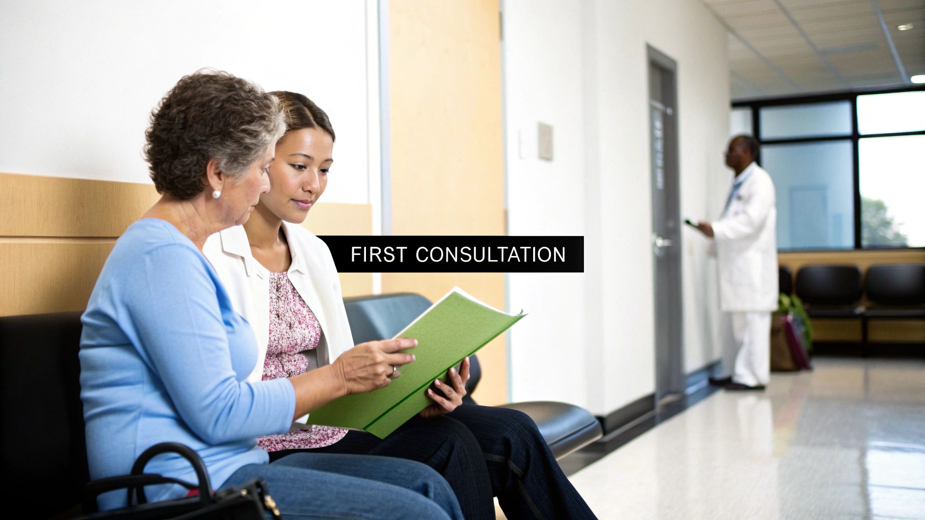 Two women, one older and one younger, reviewing documents in a clinic waiting room with a doctor blurred in the background.