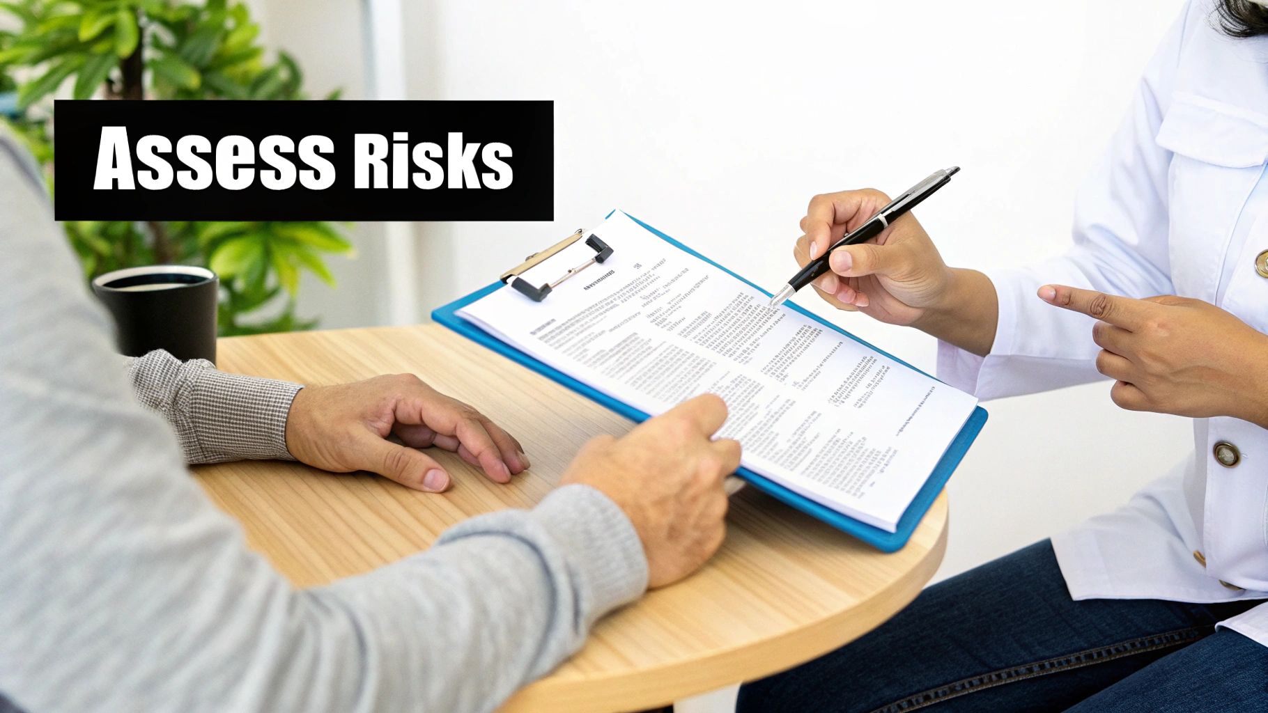A healthcare professional and a patient are reviewing a document to assess risks.