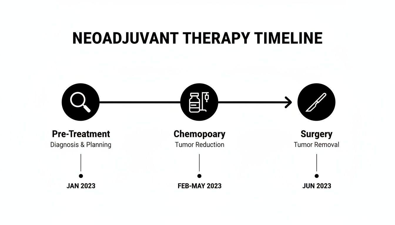Neoadjuvant therapy timeline showing pre-treatment, chemotherapy for tumor reduction, and surgery for tumor removal stages.