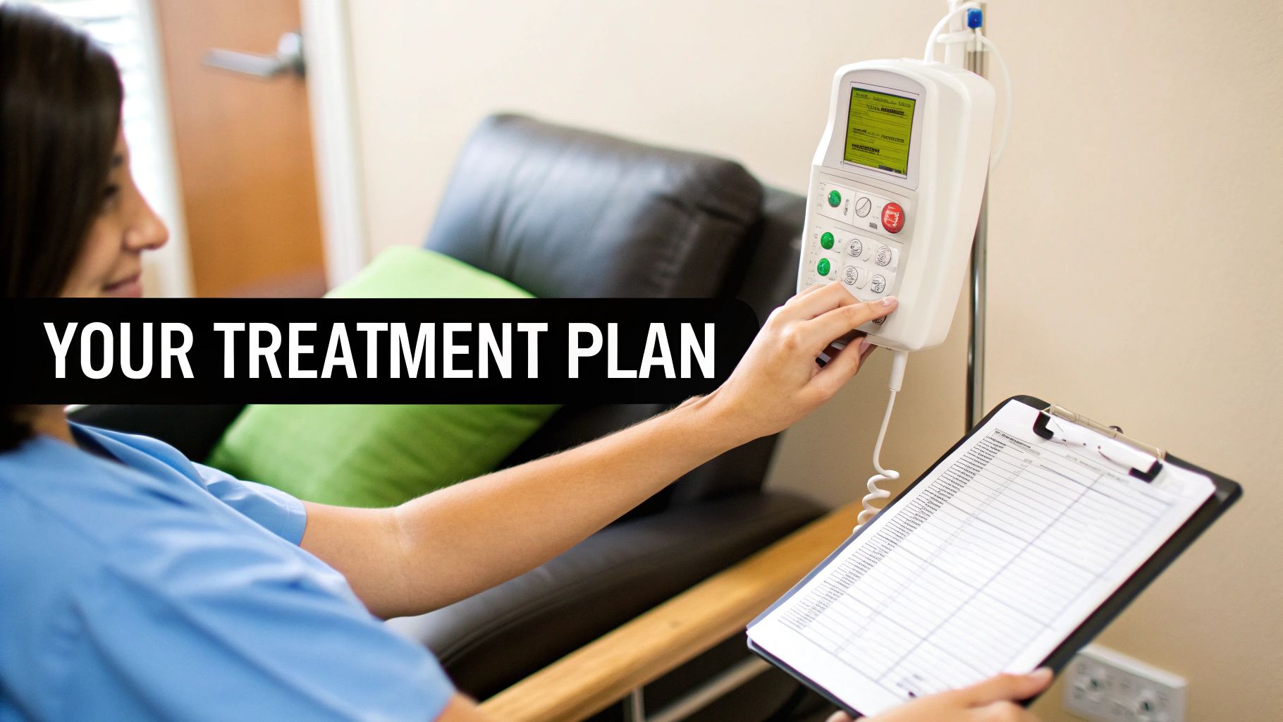 A healthcare professional in blue scrubs adjusts an IV pump machine, holding a clipboard with a treatment plan.