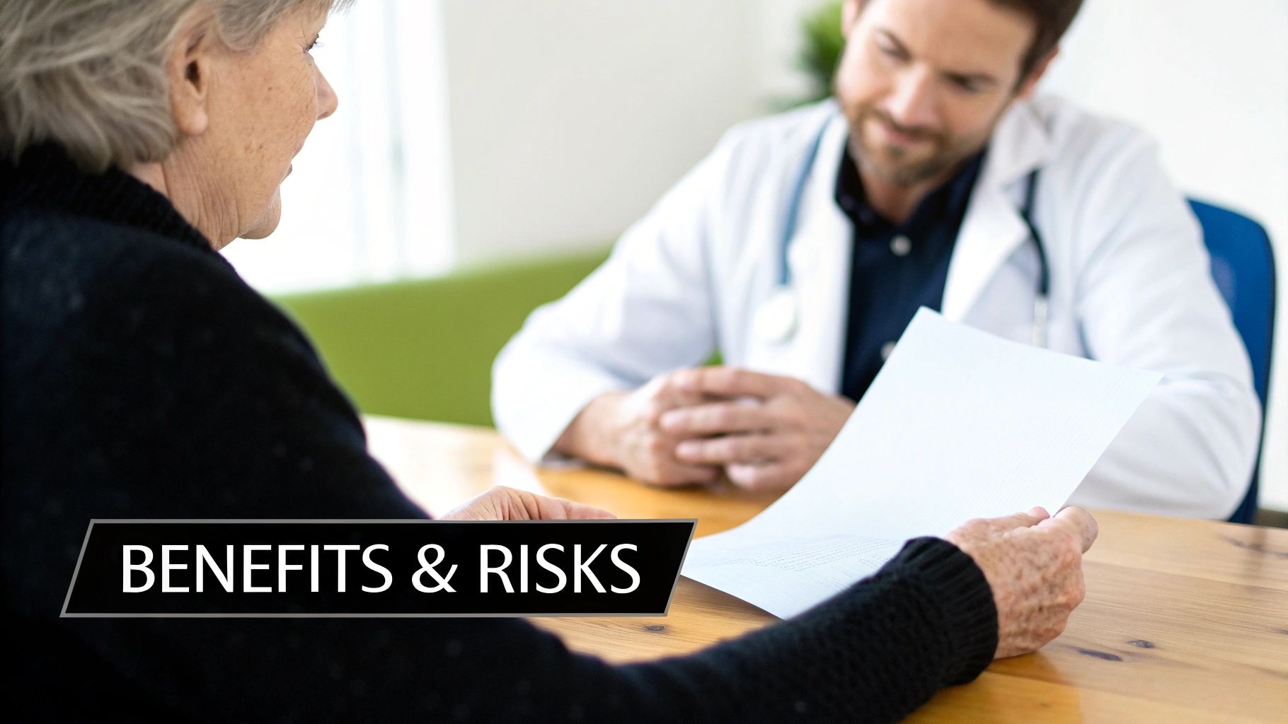Elderly patient discusses a 'BENEFITS & RISKS' document with a smiling male doctor in a medical office.