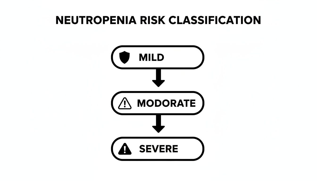 Flowchart showing neutropenia risk classification: Mild (shield icon), Moderate (warning icon), and Severe (warning icon).