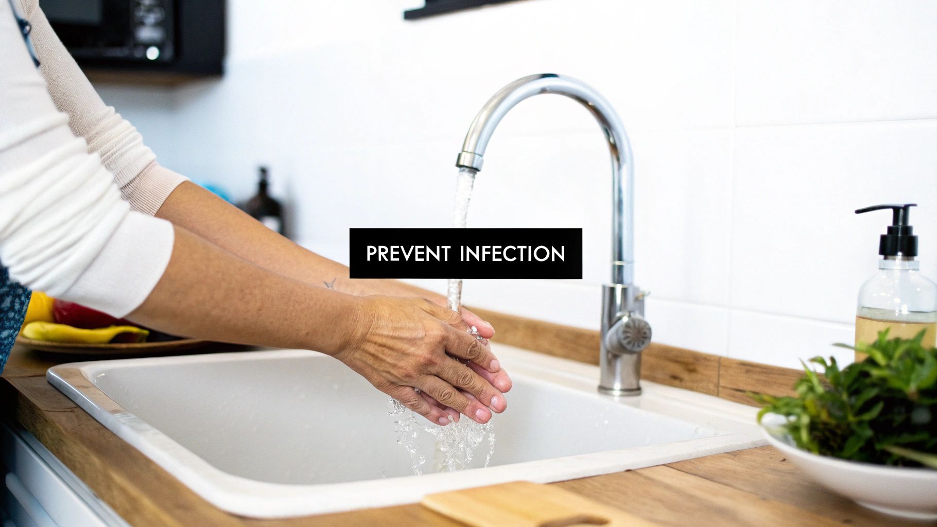 A person washing their hands under running water in a kitchen sink to prevent infection.