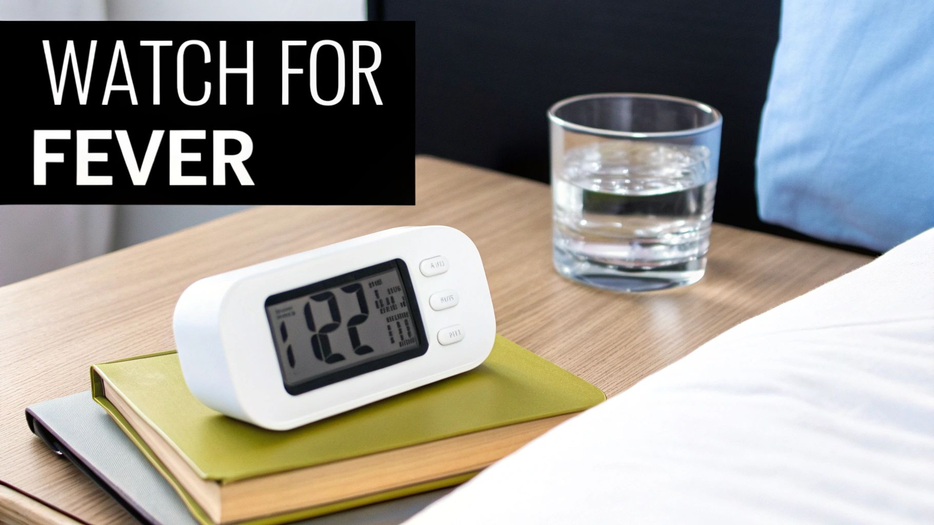 A digital alarm clock, books, and a glass of water on a bedside table with text 'WATCH FOR FEVER'.