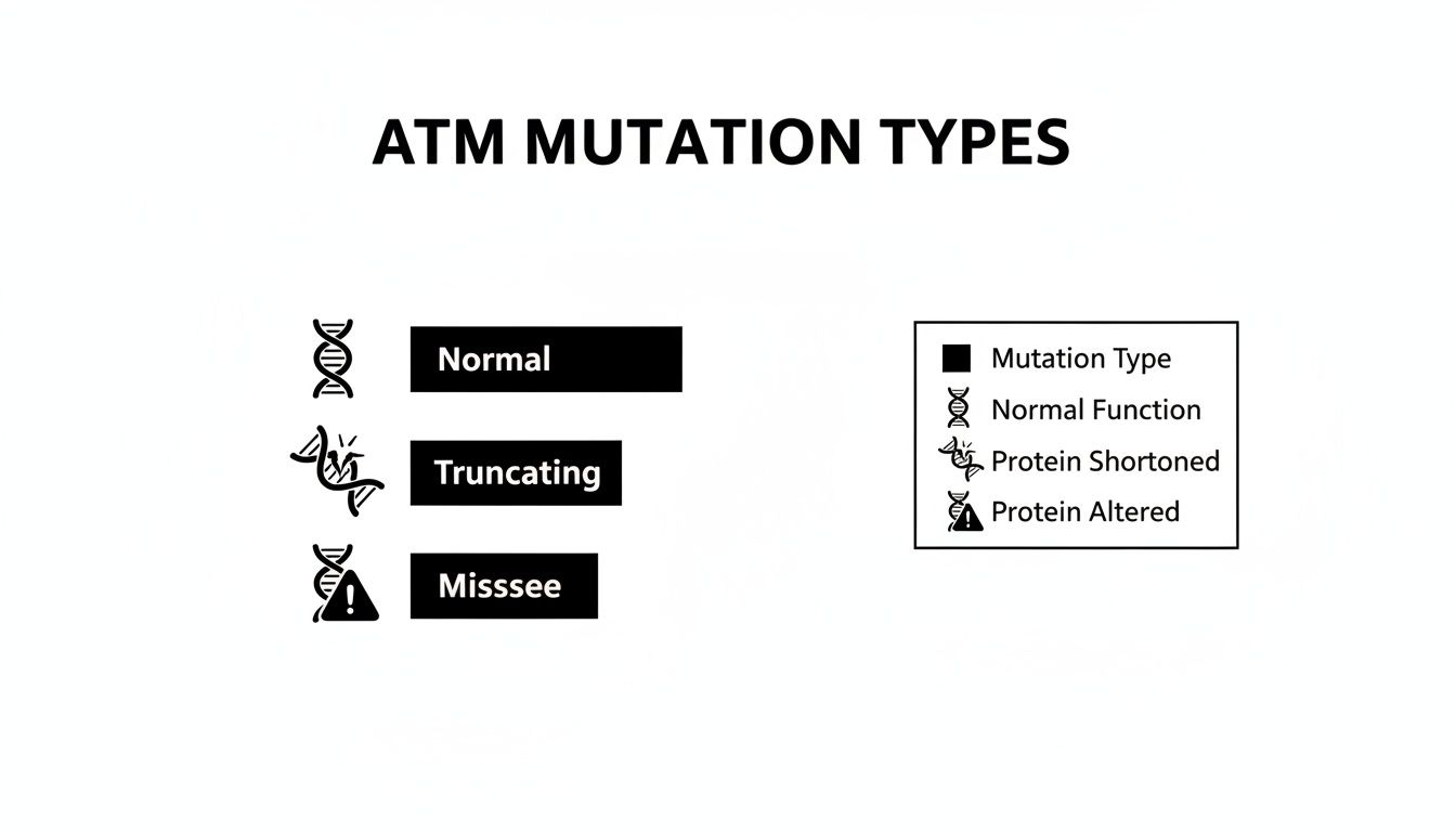 Diagram illustrating ATM gene mutation types: normal, truncating (protein shortened), and missense (protein altered).