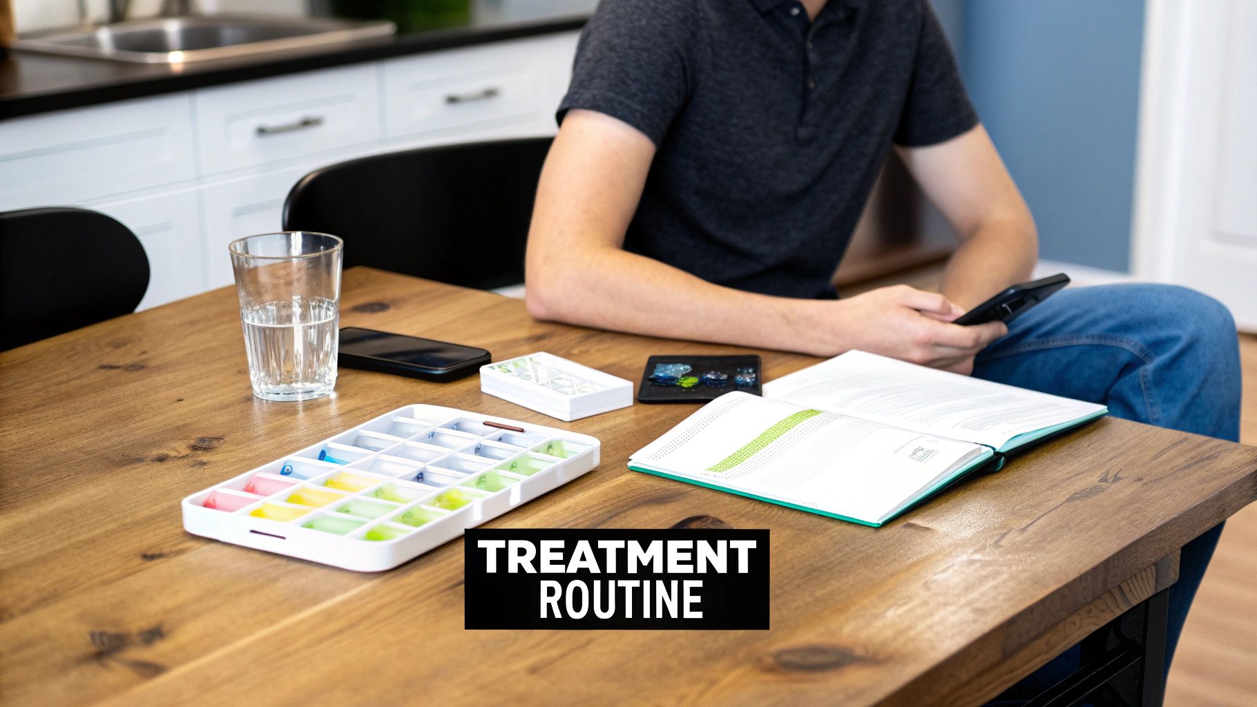 A person sits at a wooden table with a pill organizer, water, phone, and planner for a treatment routine.