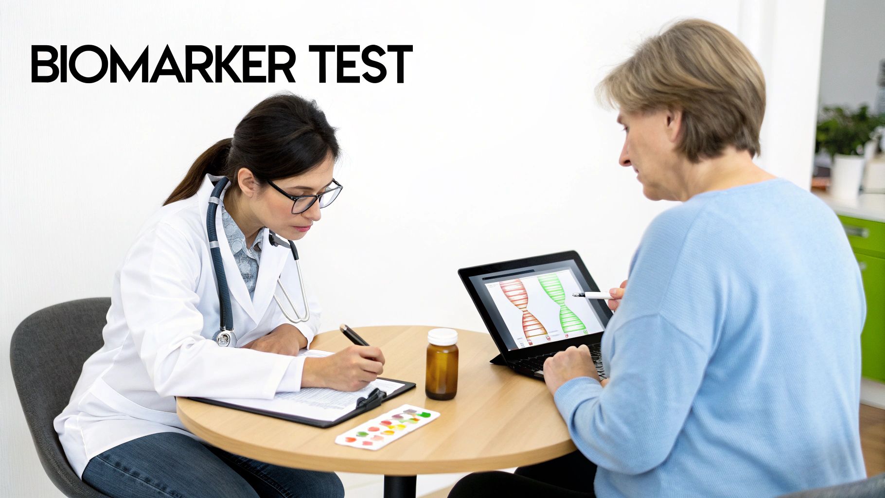 A doctor and patient discuss biomarker test results displayed on a laptop, with pills on the table.