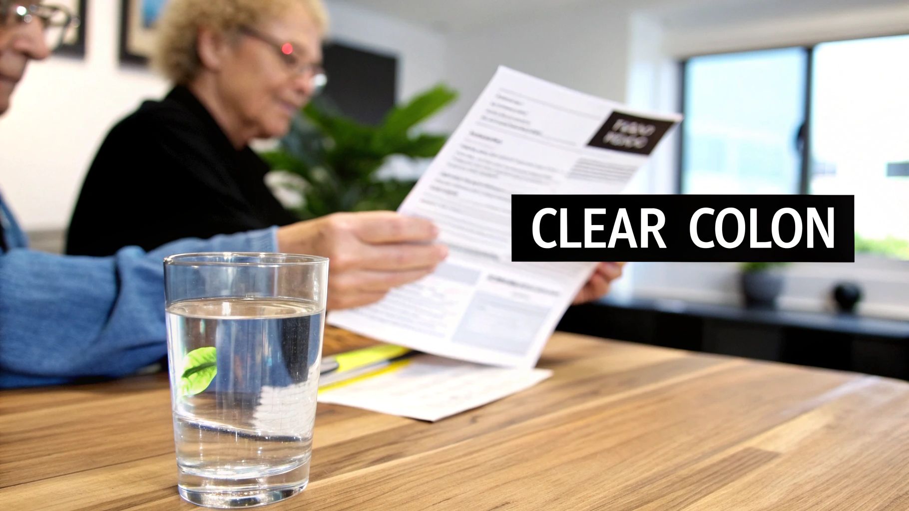 Two elderly people at a table, one reading a document about clear colon, with a glass of water.