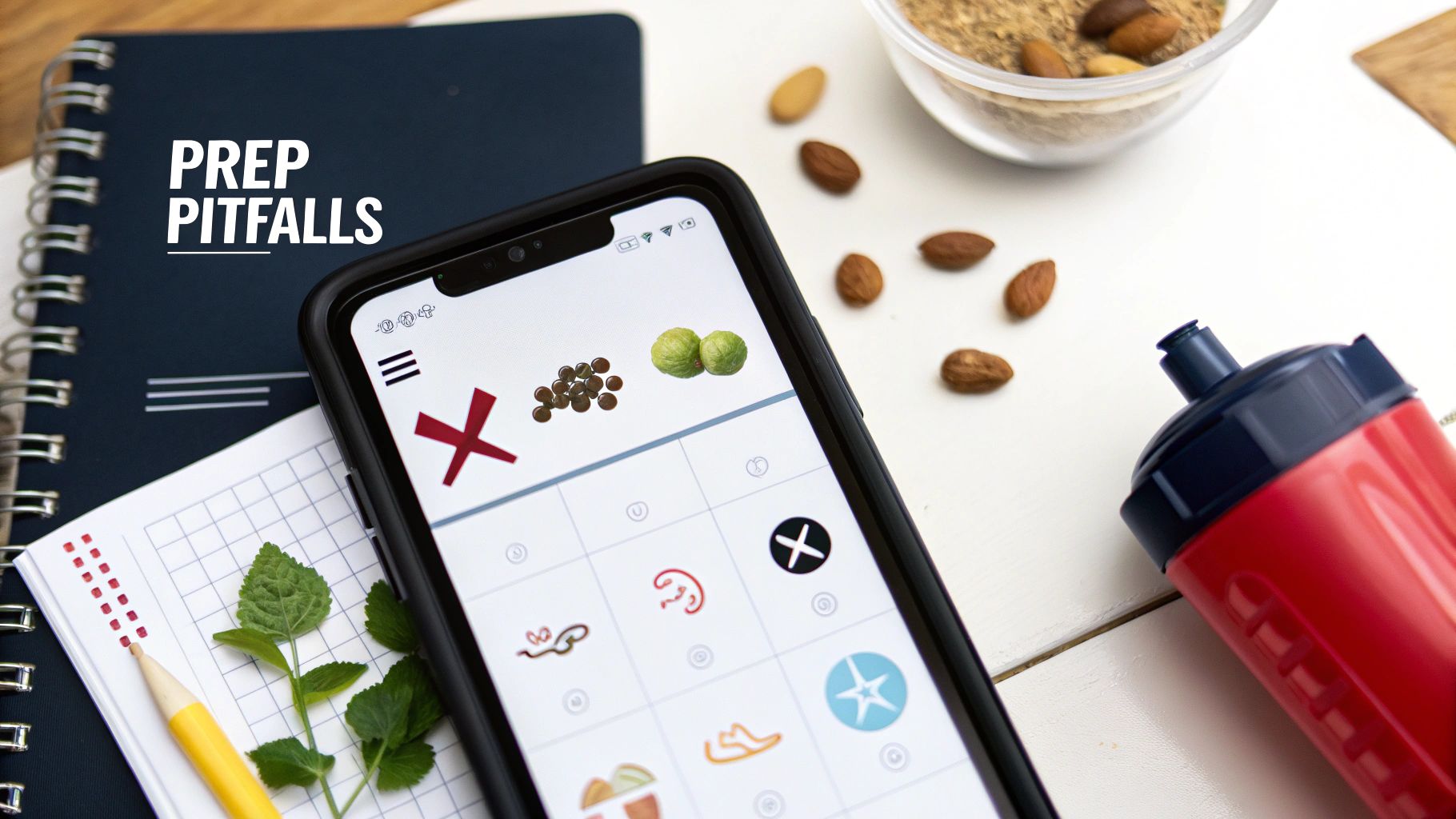 A flat lay shows a phone with a health app, notebooks, nuts, and a red water bottle.