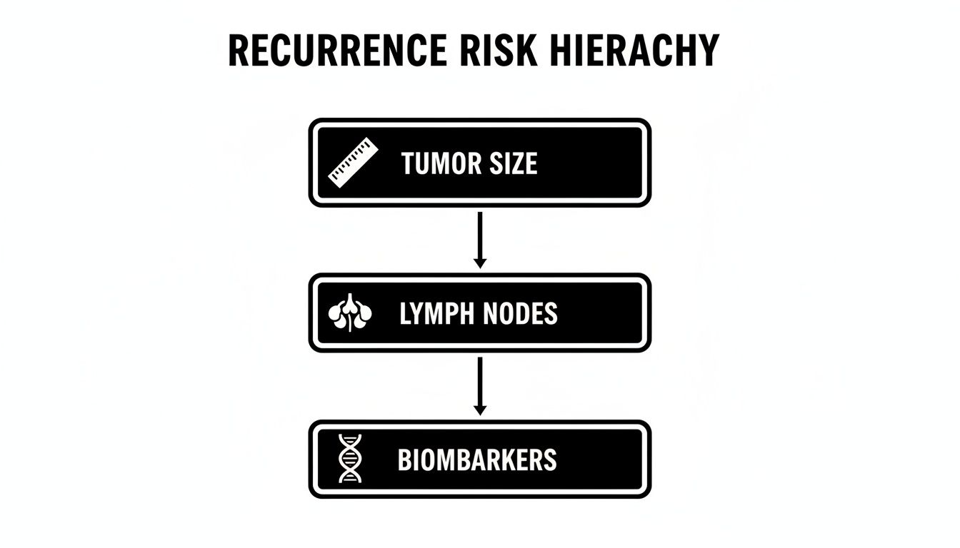 A diagram illustrates the recurrence risk hierarchy, detailing tumor size, lymph nodes, and biomarkers.