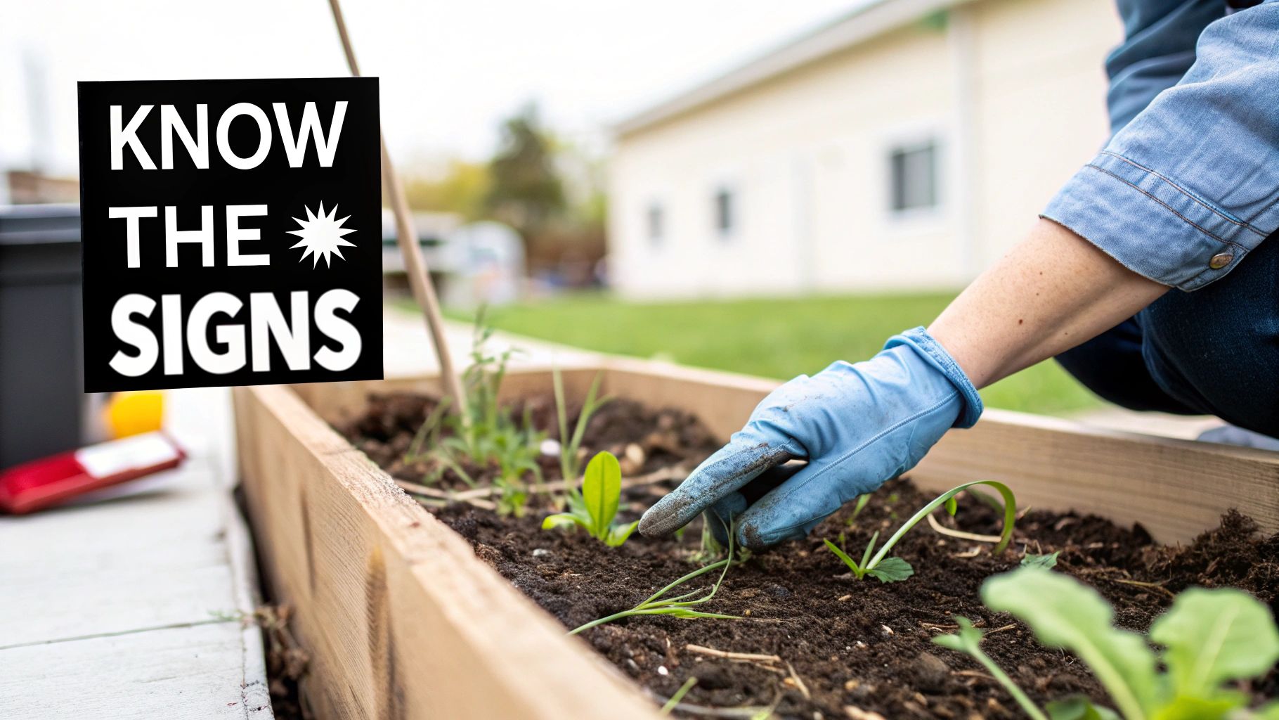 A person in blue gloves gardens in a raised wooden planter, with a 'KNOW THE SIGNS' sign visible.