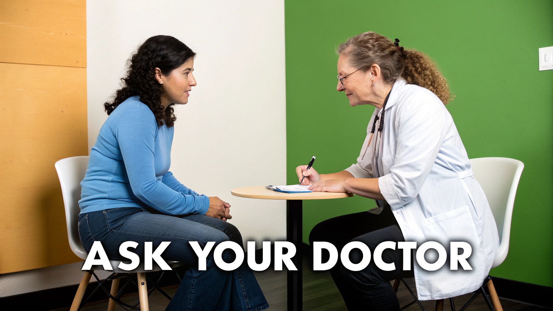 A female patient in a blue shirt consults with a female doctor taking notes on a clipboard.