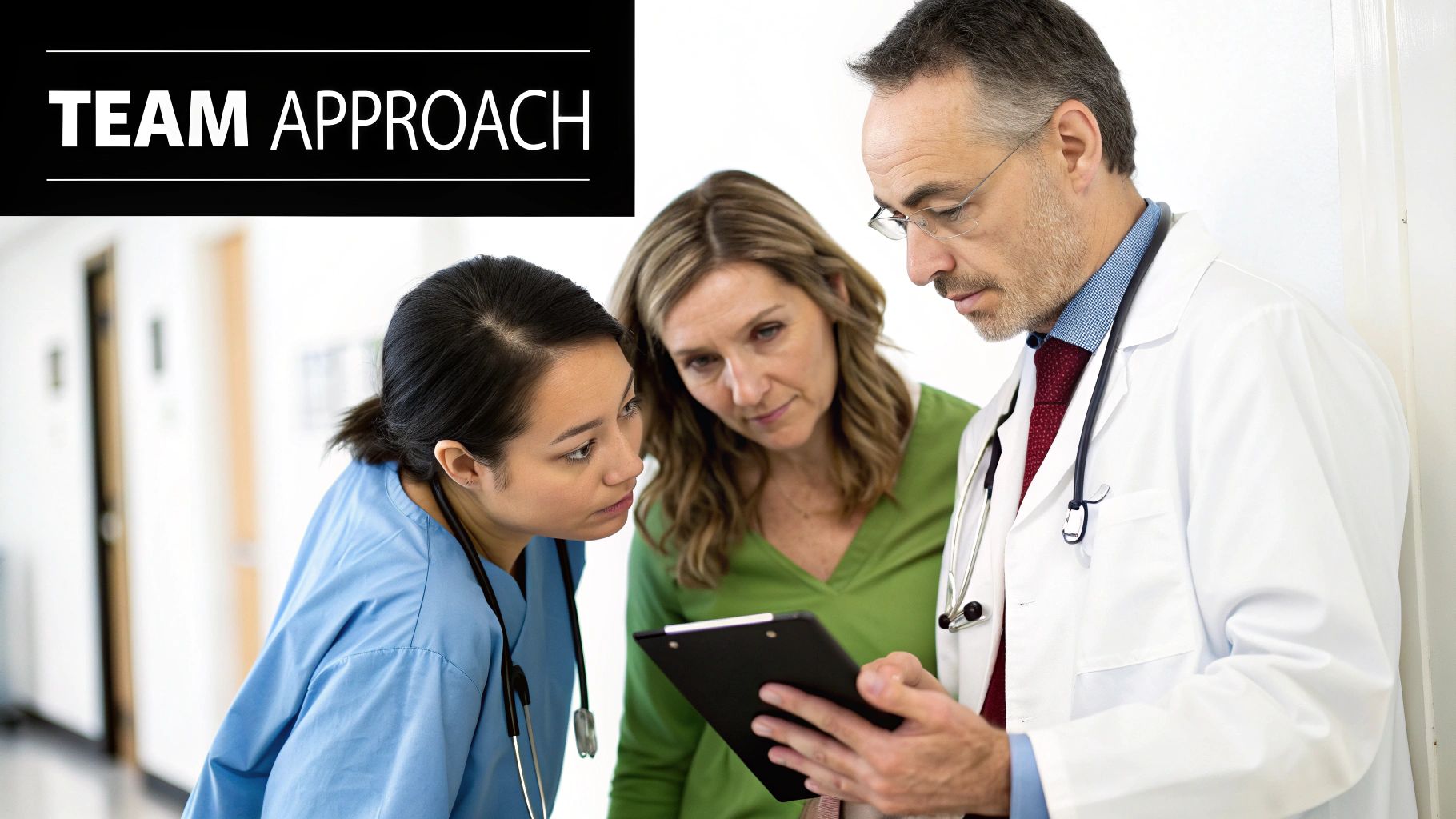 A doctor, nurse, and woman consult over a clipboard, demonstrating a team approach to patient care.