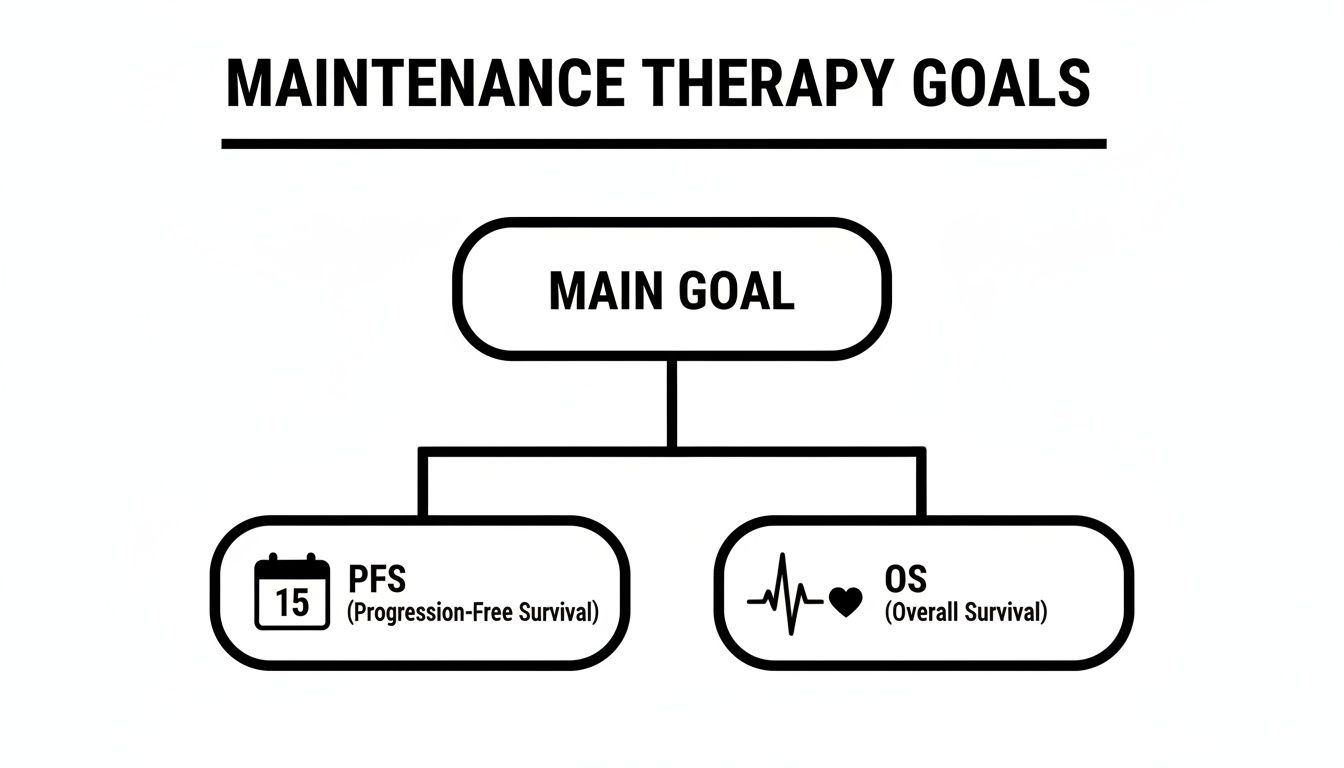 Flowchart outlining maintenance therapy goals: Main Goal, branching to Progression-Free Survival (PFS) and Overall Survival (OS).