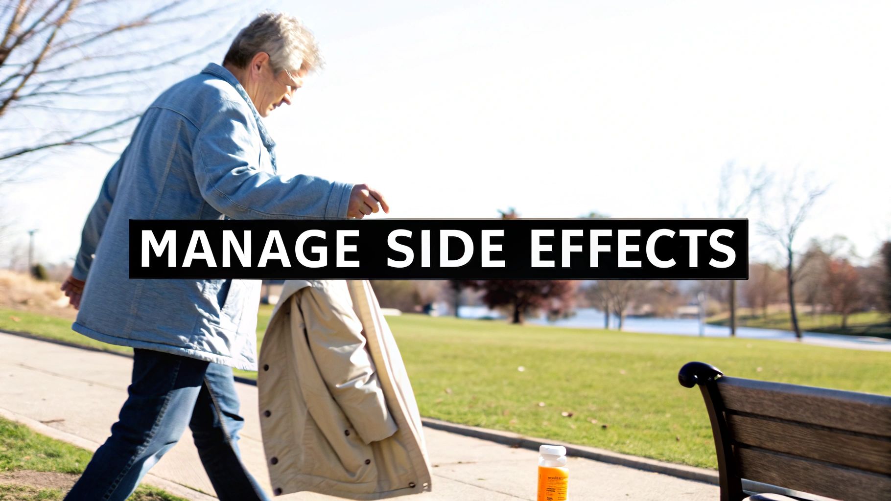 Older man walking outdoors in a park with a pill bottle, text reads 'MANAGE SIDE EFFECTS'.
