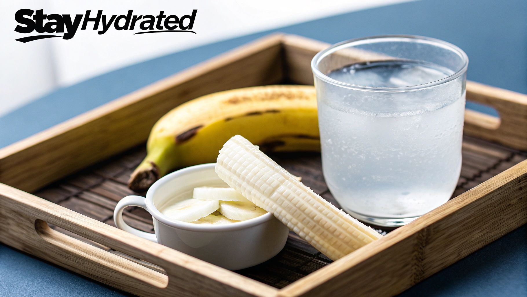 A glass of cold water with ice and fresh bananas on a wooden tray, promoting hydration and healthy eating.