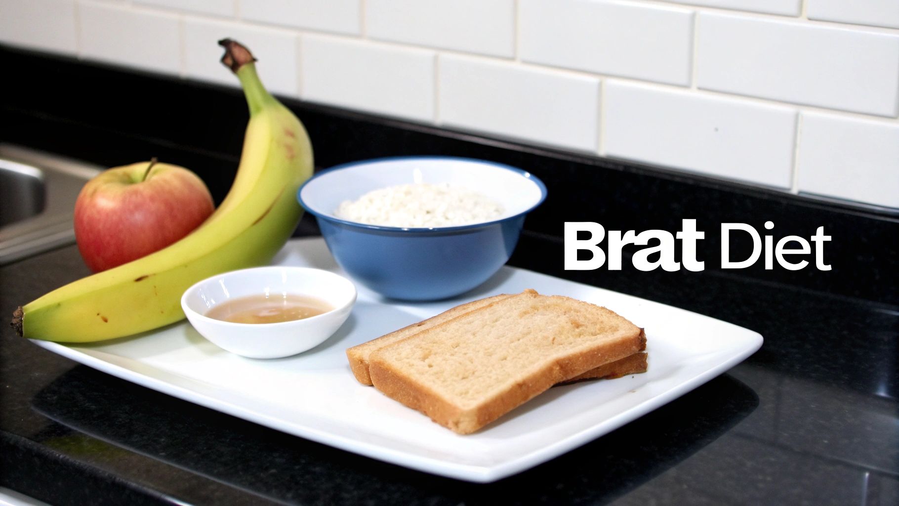 A BRAT diet meal on a white plate with banana, apple, rice, toast, and applesauce.