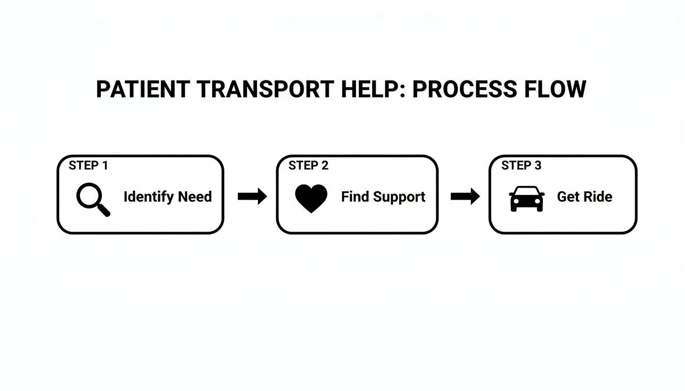 A three-step process flow for patient transport help, including identify need, find support, and get ride.