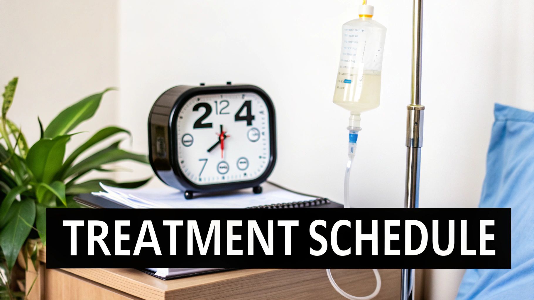 A hospital room scene featuring an IV drip, an alarm clock, and the text 'TREATMENT SCHEDULE'.