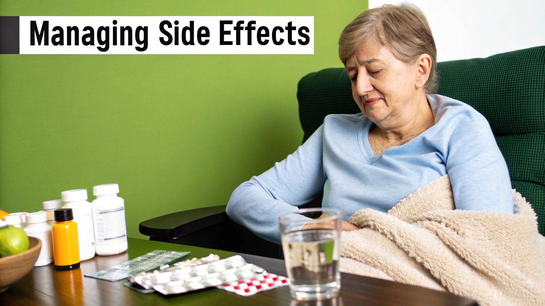 A senior woman looks unwell, wrapped in a blanket, surrounded by medication bottles and a glass of water, illustrating managing side effects.