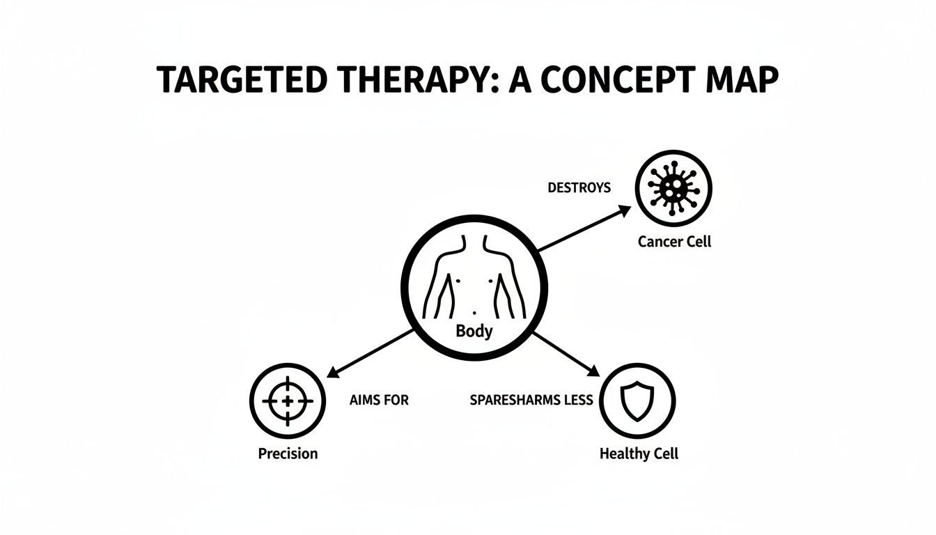 Concept map illustrating targeted therapy's action on the body, destroying cancer cells, aiming for precision, and sparing healthy cells.