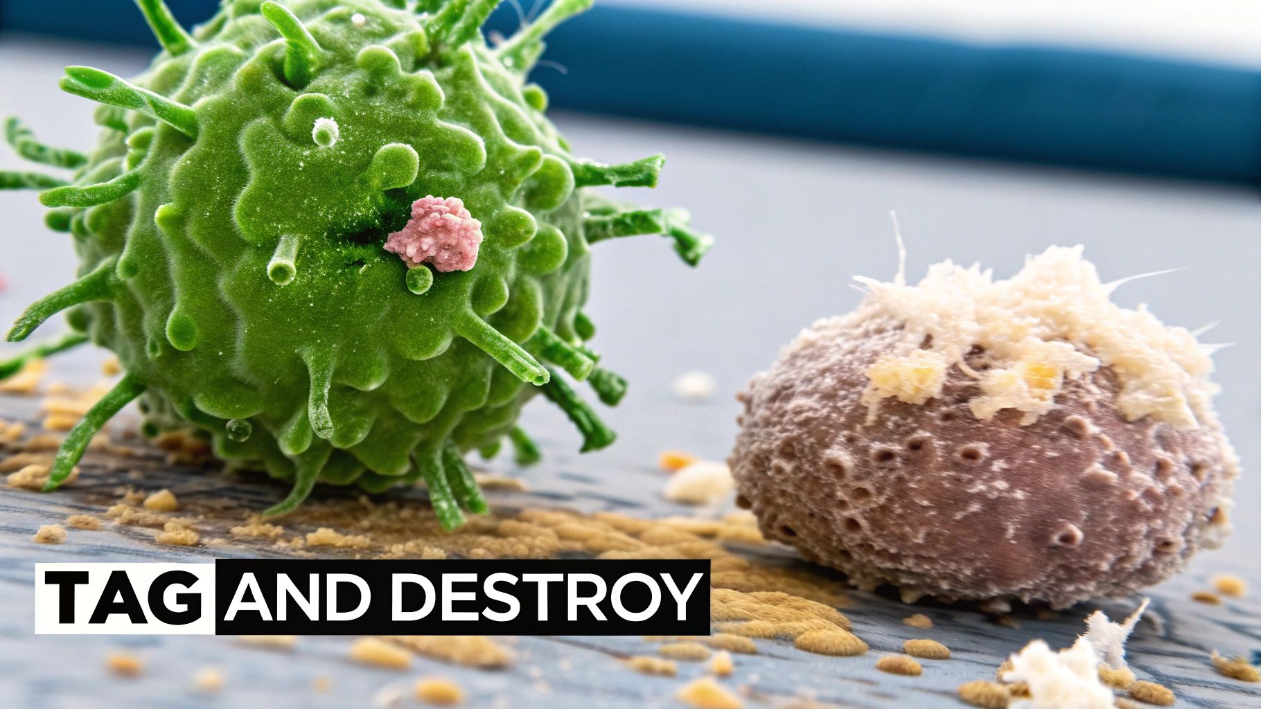 Two microscopic cells, one green and spiky with a pink attachment, illustrating a 'TAG AND DESTROY' process.