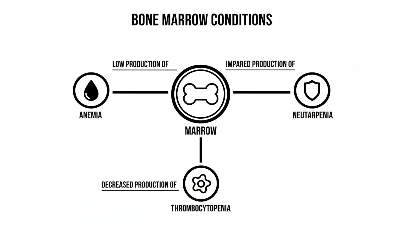 Infographic explaining bone marrow conditions and their associated blood cell deficiencies: anemia, neutropenia, and thrombocytopenia.