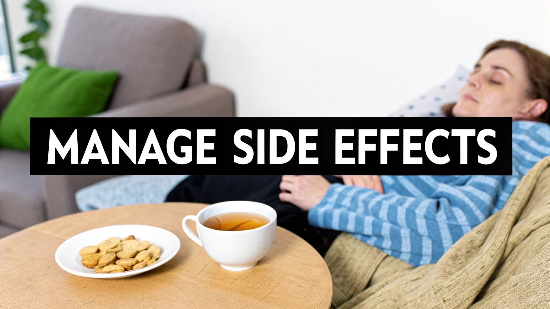 Woman resting on a couch with tea and cookies, text reads 'MANAGE SIDE EFFECTS'.