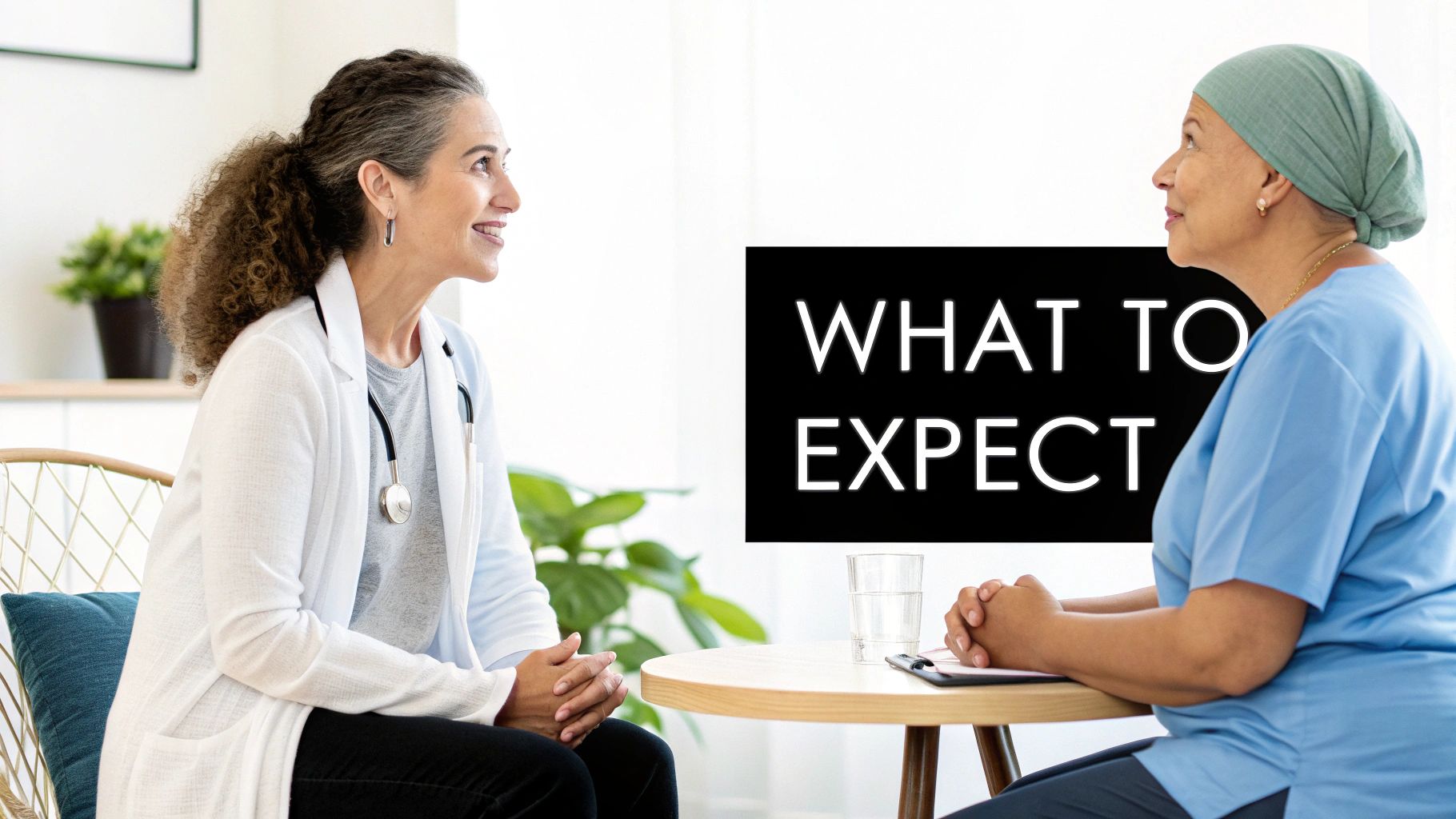 A doctor and patient consult in a bright room, with 'WHAT TO EXPECT' text displayed.