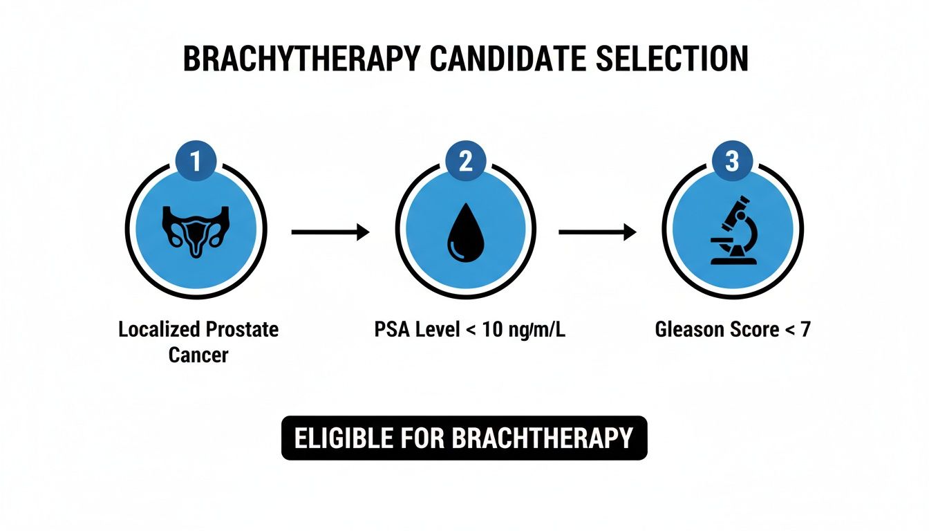 Flowchart illustrating the selection criteria for brachytherapy candidates, including localized prostate cancer, PSA level, and Gleason score.