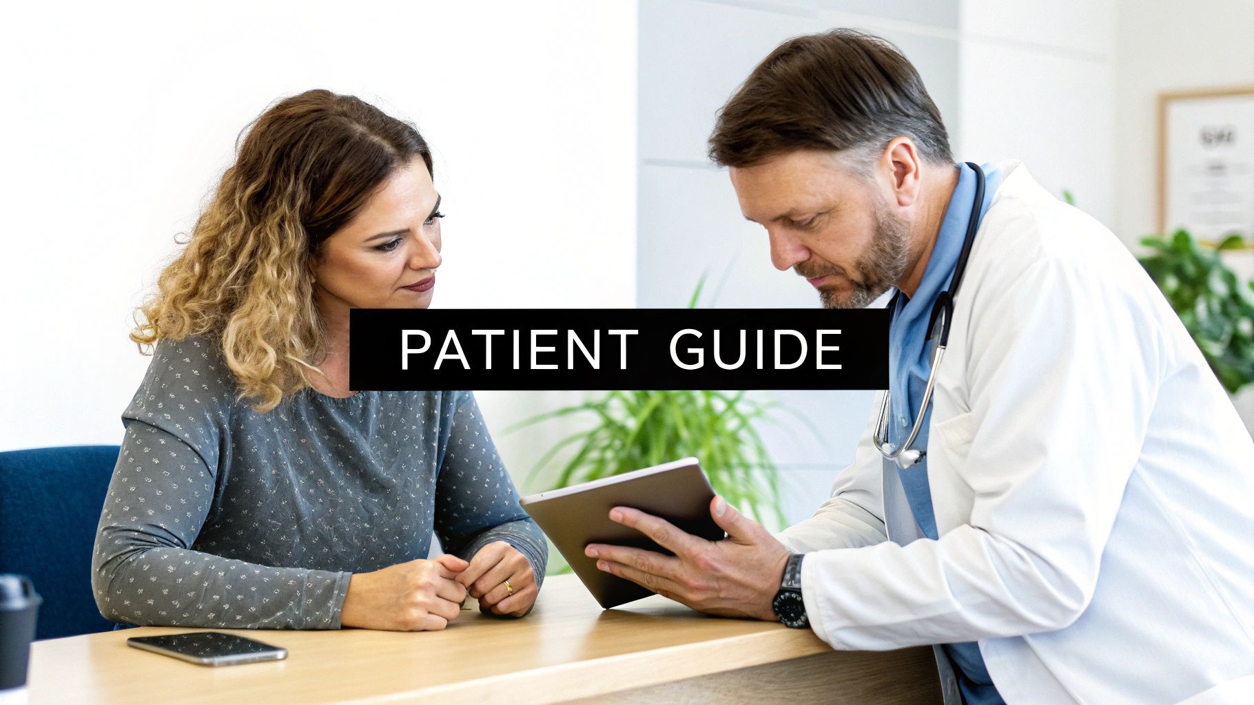 A doctor in a white coat shows a female patient information on a tablet, with 'PATIENT GUIDE' text overlay.