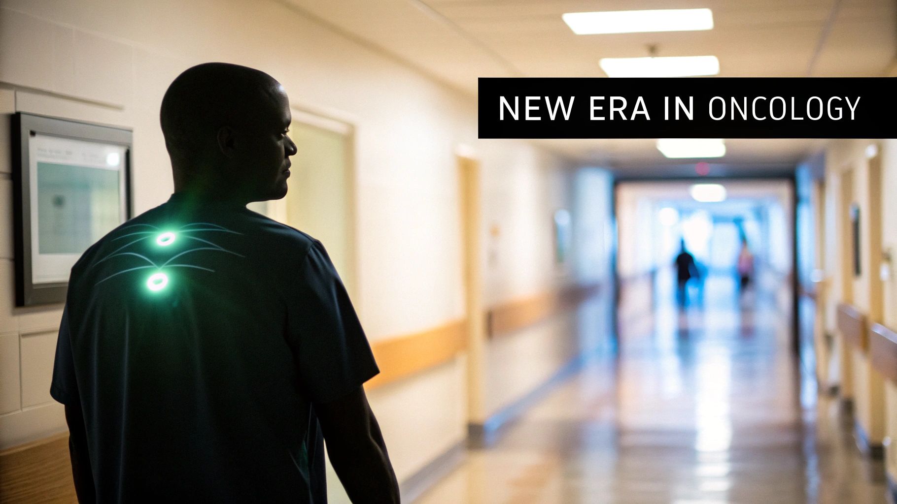 A medical professional with glowing green sensors on their back walks through a hospital hallway.
