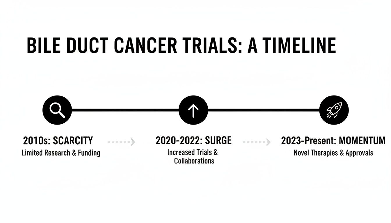 Timeline illustrating bile duct cancer trials: 2010s scarcity, 2020-2022 surge, 2023-present momentum.