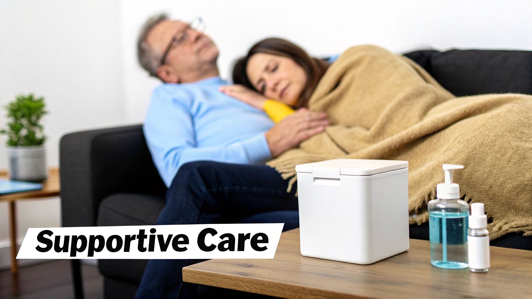 A sick couple cuddling on a sofa with a blanket, alongside supportive care items on a table.