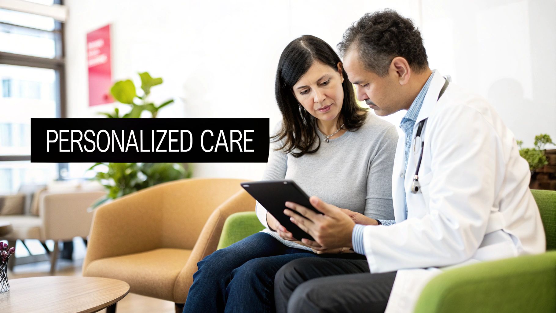 A male doctor and female patient review information on a tablet, symbolizing personalized medical care.