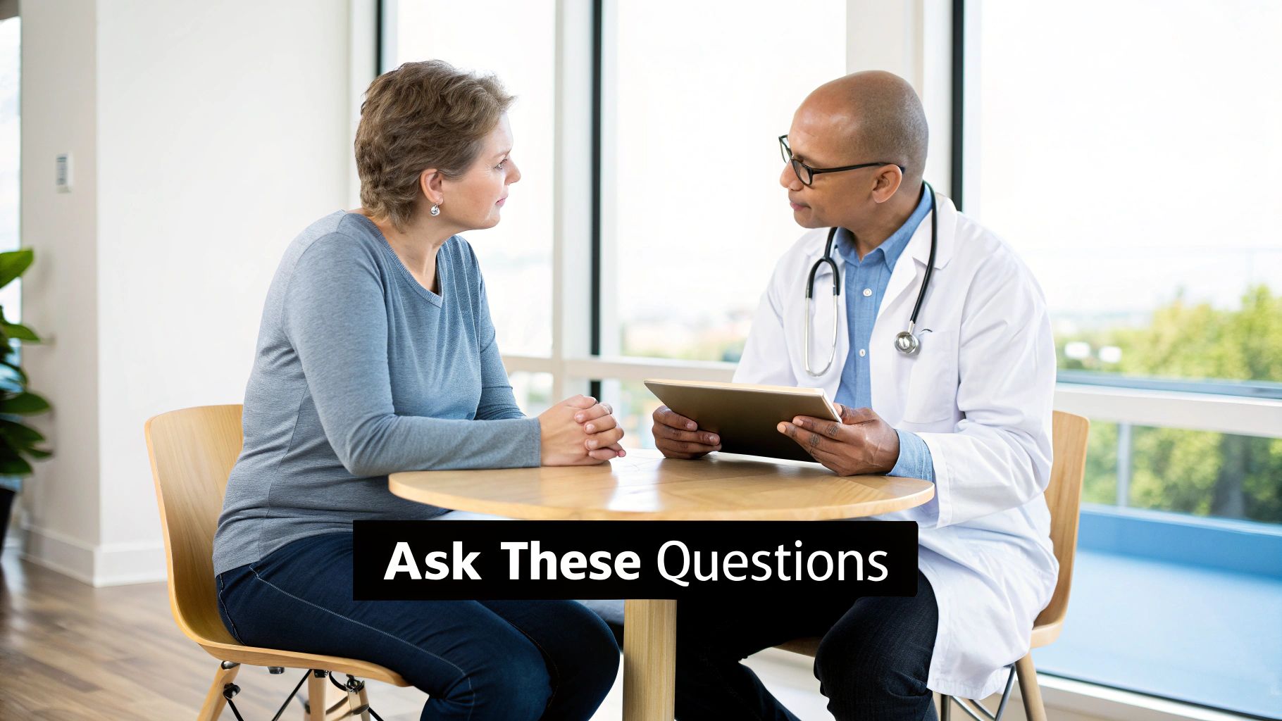 A doctor and patient discuss medical information at a table, with a text overlay "Ask These Questions."