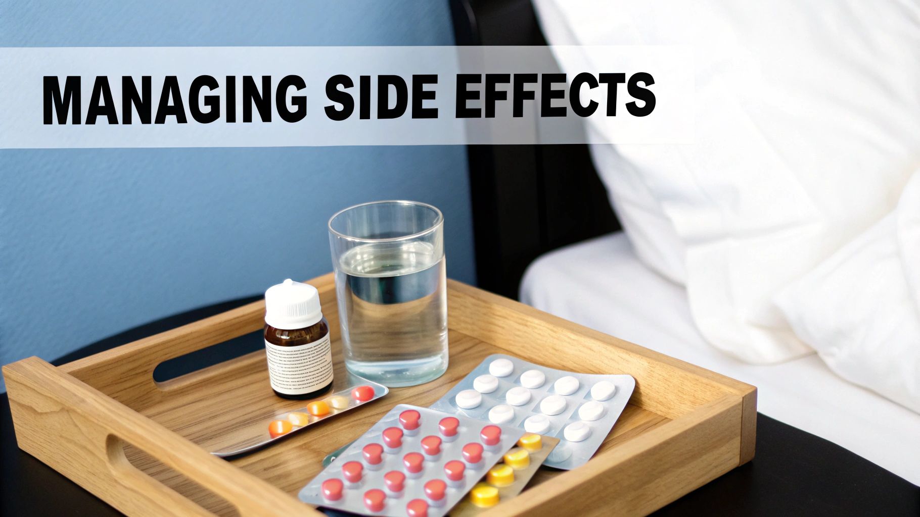 Medication, water, and pills on a bedside tray with text overlay 'MANAGING SIDE EFFECTS'.
