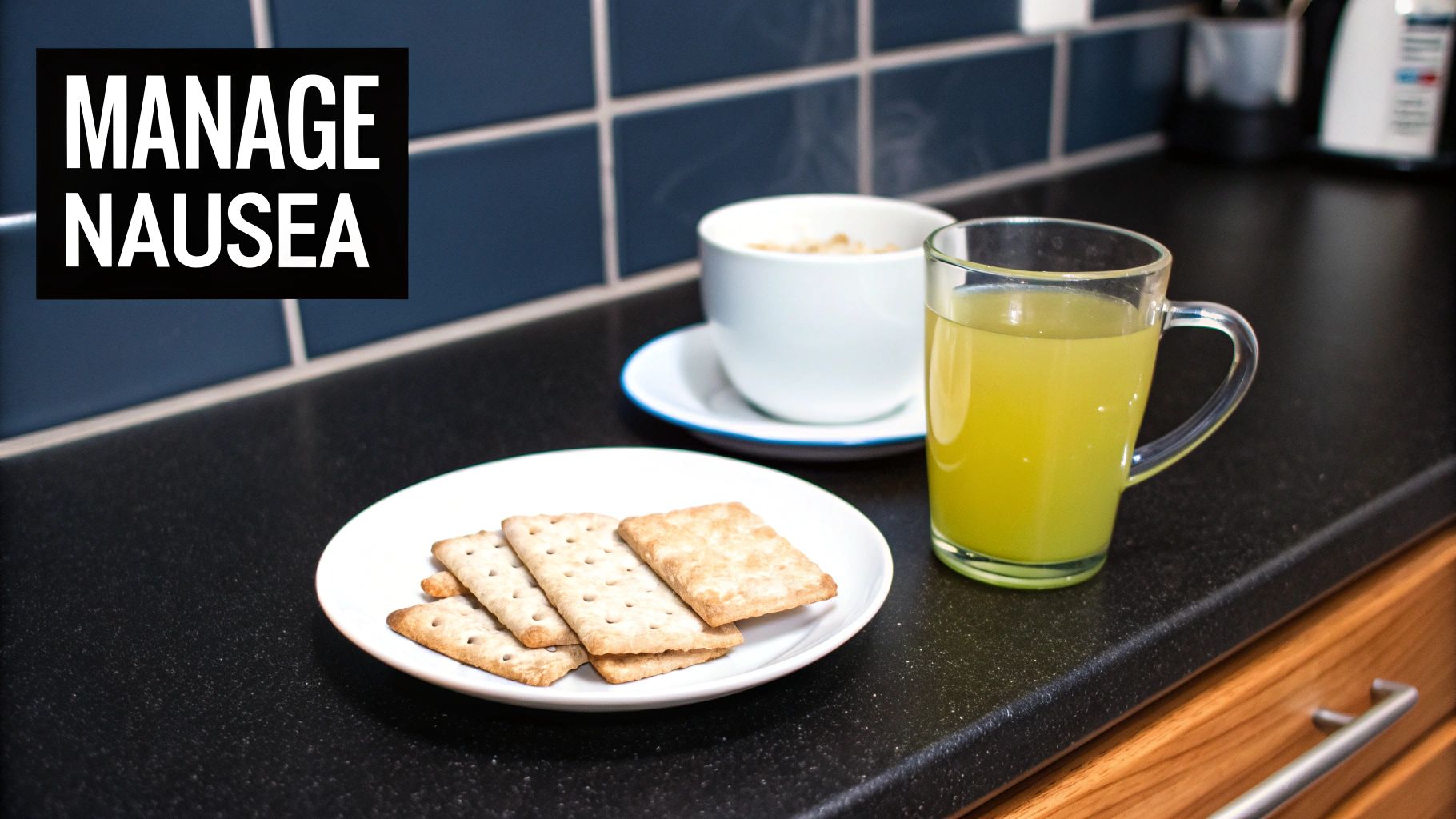 Crackers, a glass of ginger ale, and a bowl of bland food on a counter, suggesting ways to manage nausea.
